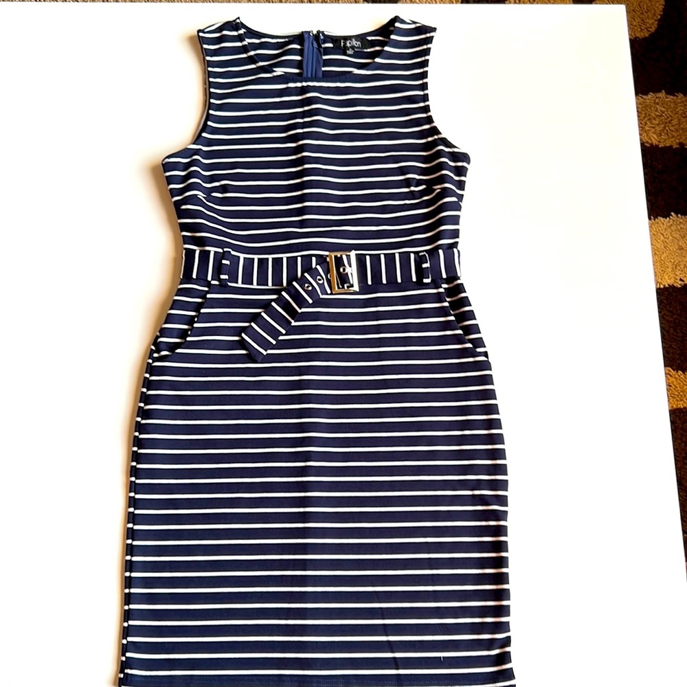 Papillon Striped Belted Ponte Shift Dress, navy and white